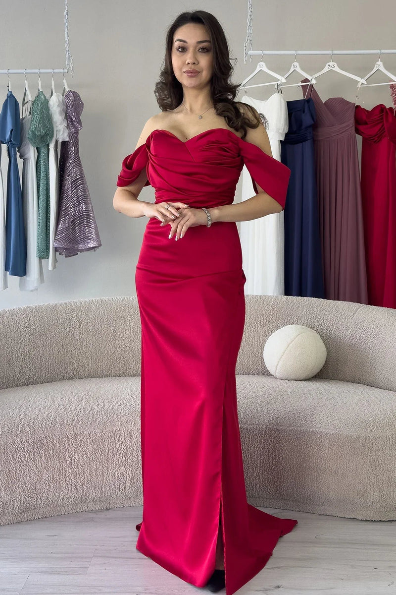 Women's Red Open Back Off-Shoulder Draped Slit Satin Evening Gown