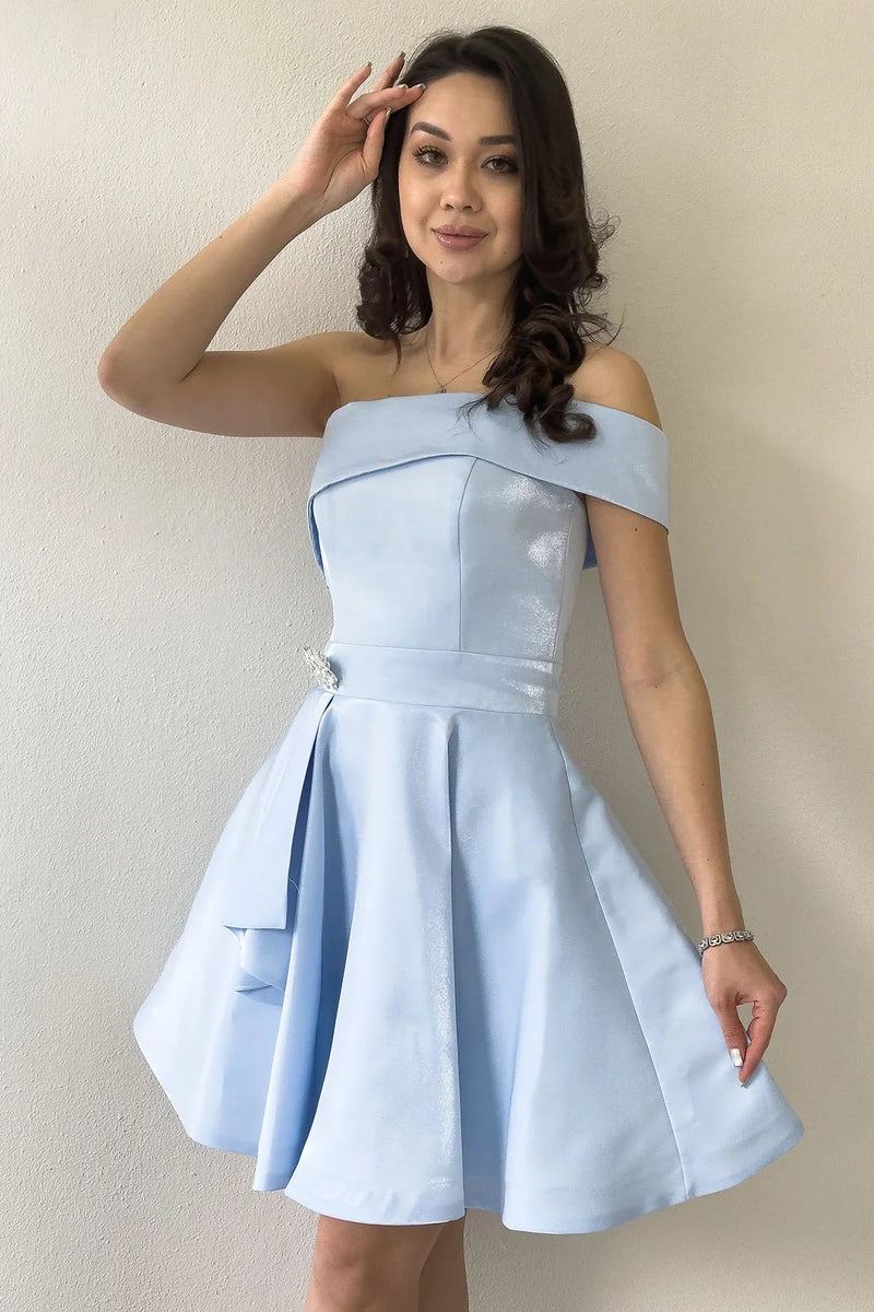 Women's Baby Bluesi Tek Omuz Taş Detail Mini Flared Satin Evening Gown