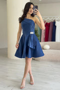 Navy Blue Short Strapless Evening Dress