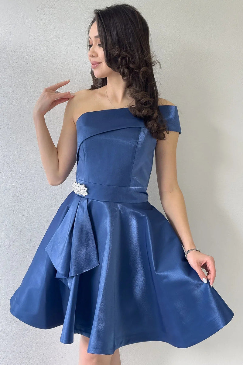 Women's Navy Blue Tek Omuz Taş Detail Mini Flared Satin Evening Gown