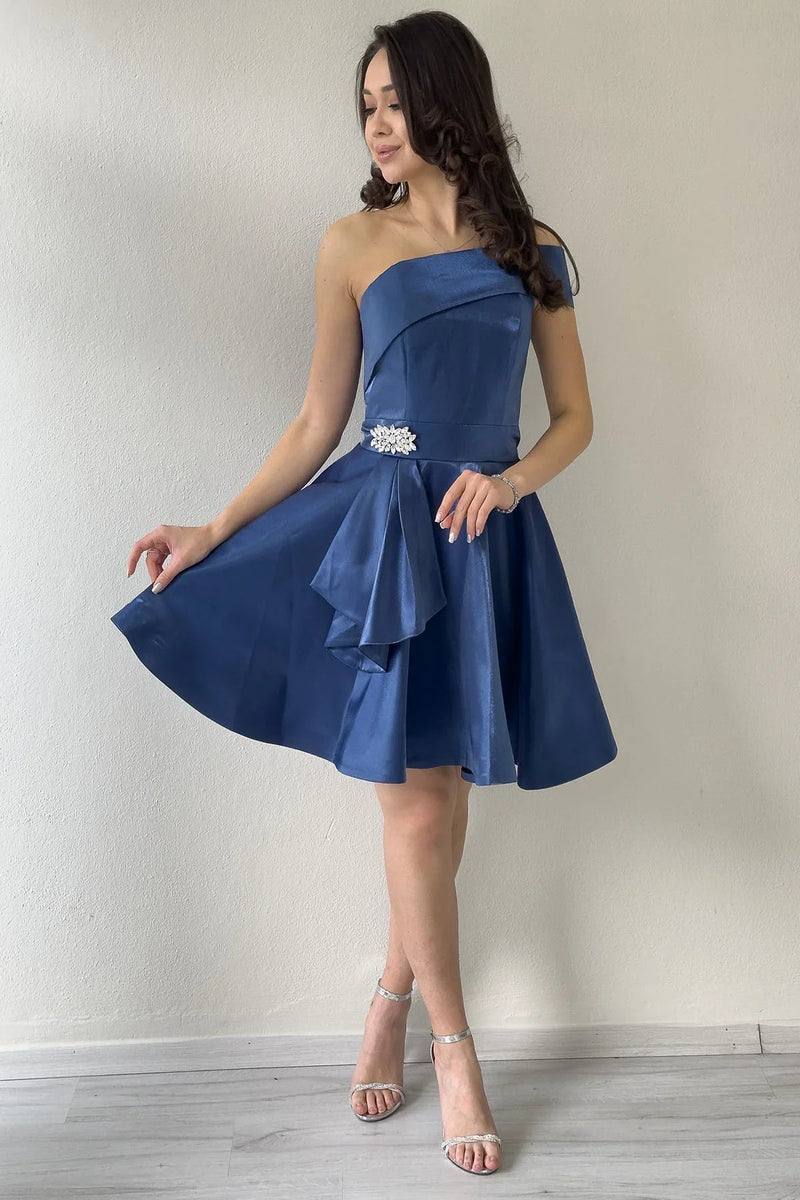 Women's Navy Blue Tek Omuz Taş Detail Mini Flared Satin Evening Gown