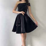 Black One-Shoulder Stone Detail Mini Flared Satin Evening Dress