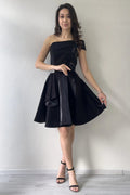 Black One-Shoulder Stone Detail Mini Flared Satin Evening Dress