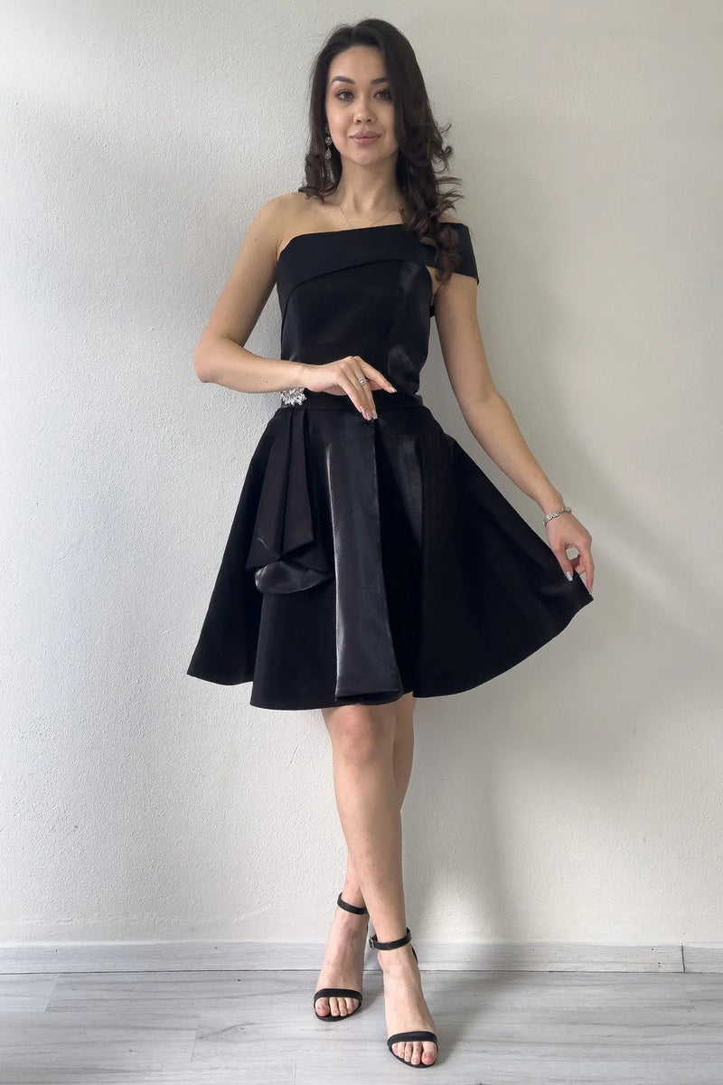 Women's Black Tek Omuz Taş Detail Mini Flared Satin Evening Gown