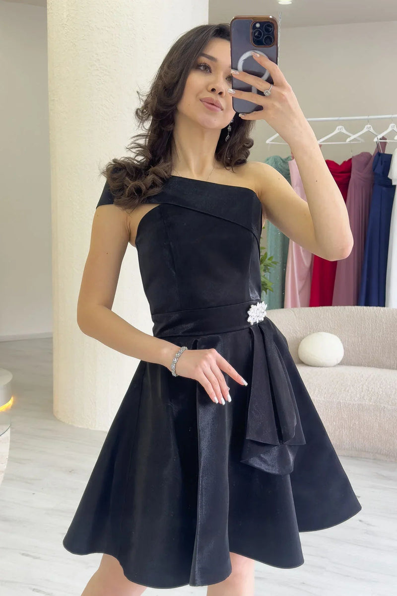 Women's Black Tek Omuz Taş Detail Mini Flared Satin Evening Gown