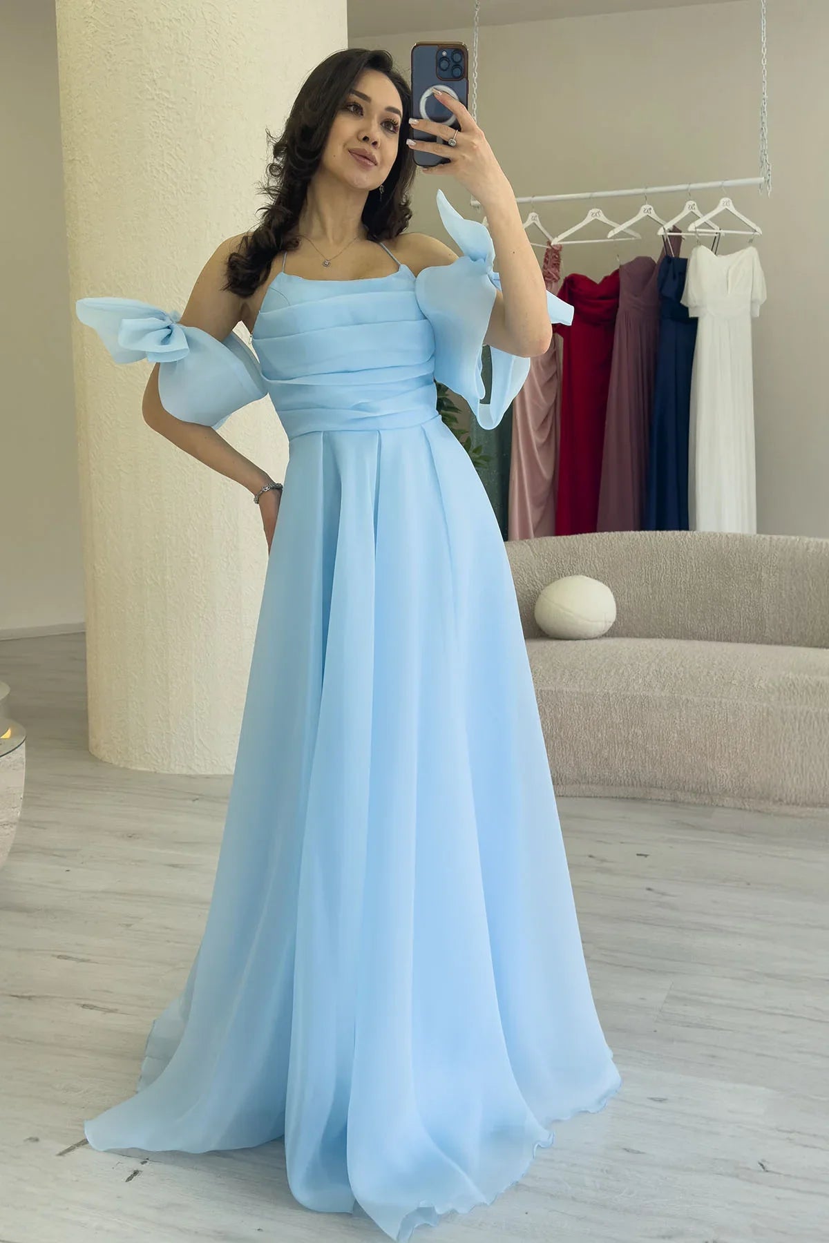 Women's Baby Bluesi Draped Halter Tie Bow Sleeve Detail Organze Evening Gown