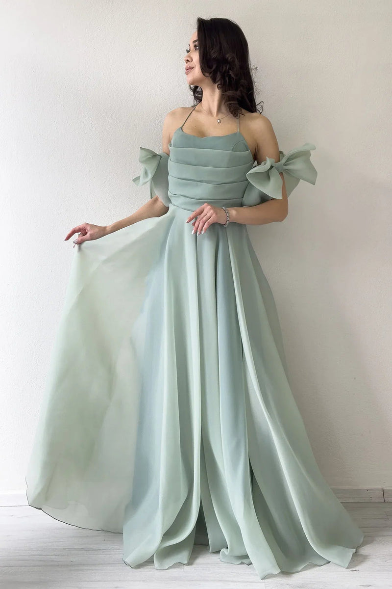 Women's Aqua Green Draped Halter Tie Bow Sleeve Detail Organze Evening Gown