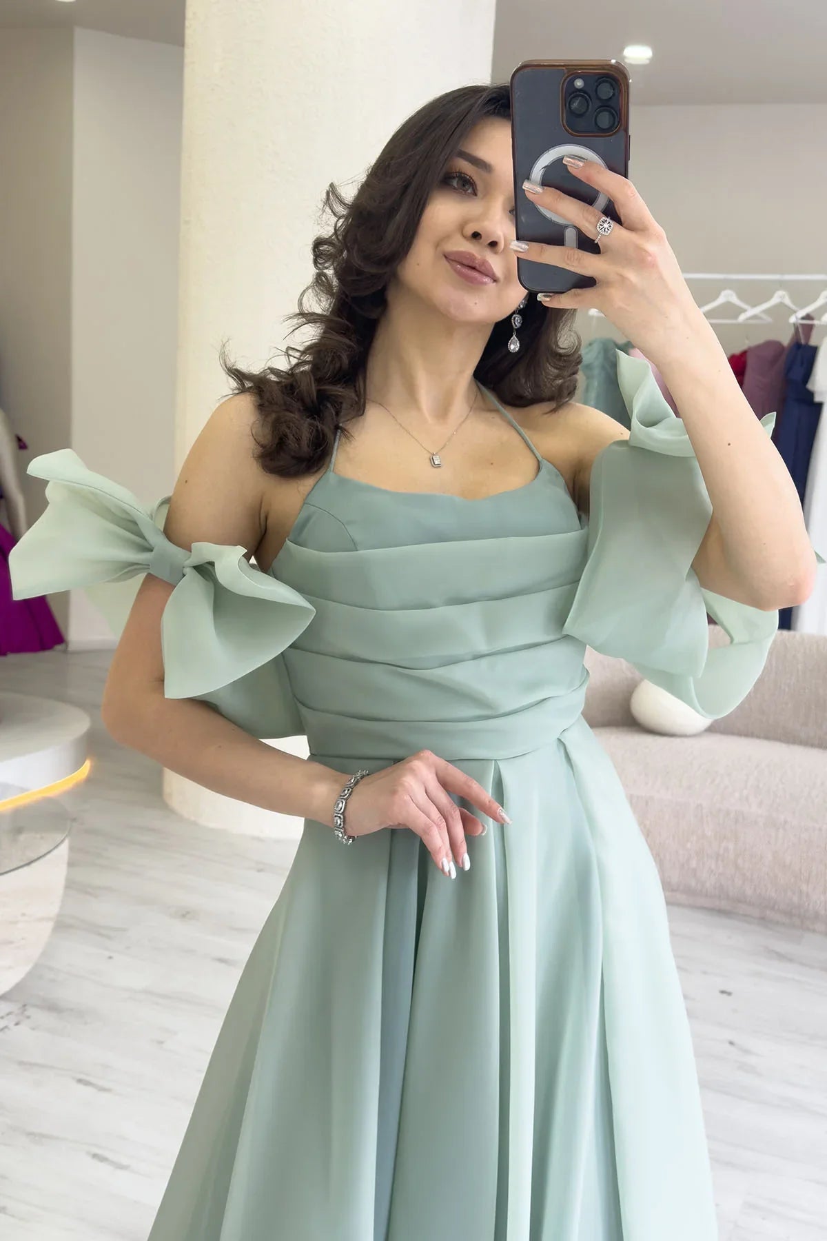 Women's Aqua Green Draped Halter Tie Bow Sleeve Detail Organze Evening Gown