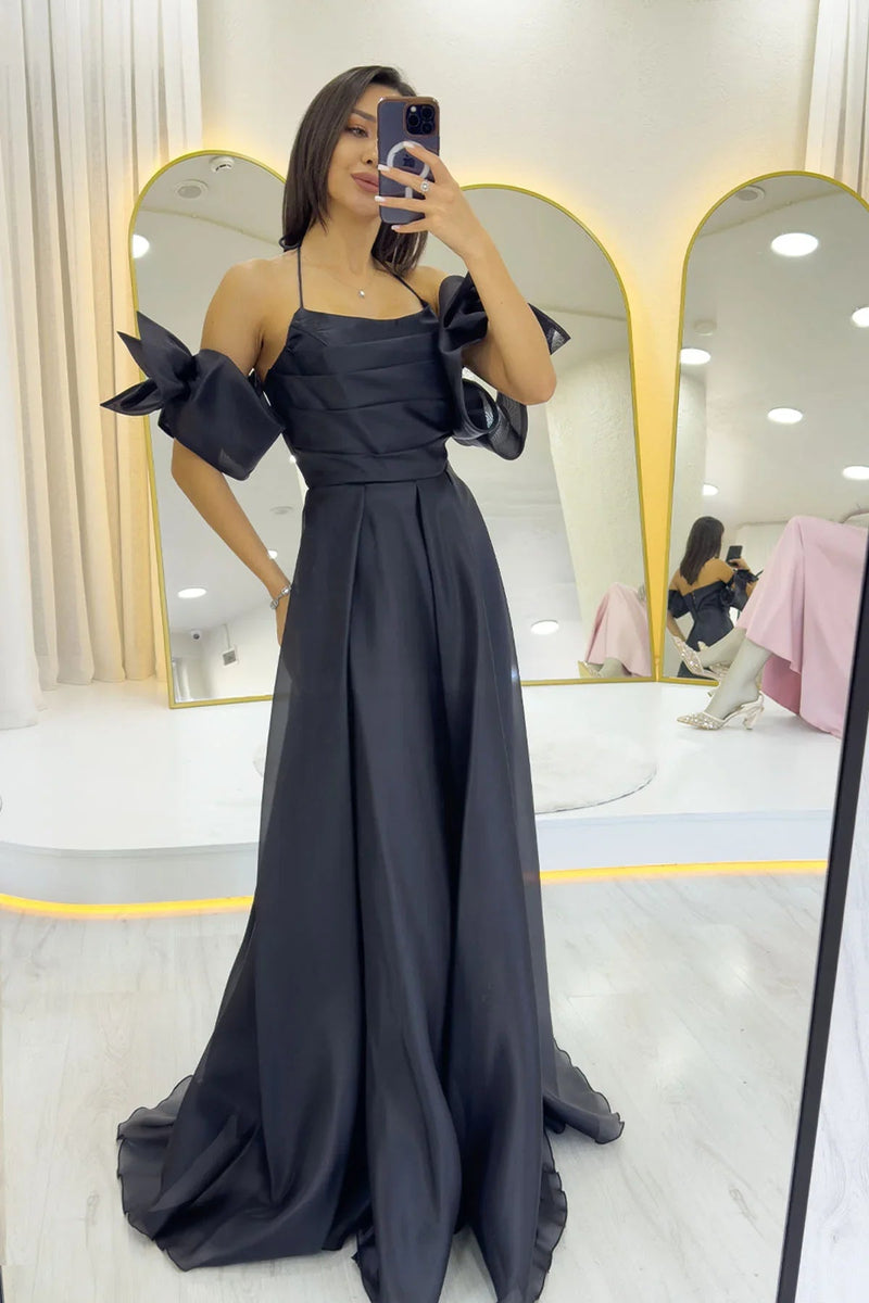 Women's Black Draped Halter Tie Bow Sleeve Detail Organze Evening Gown