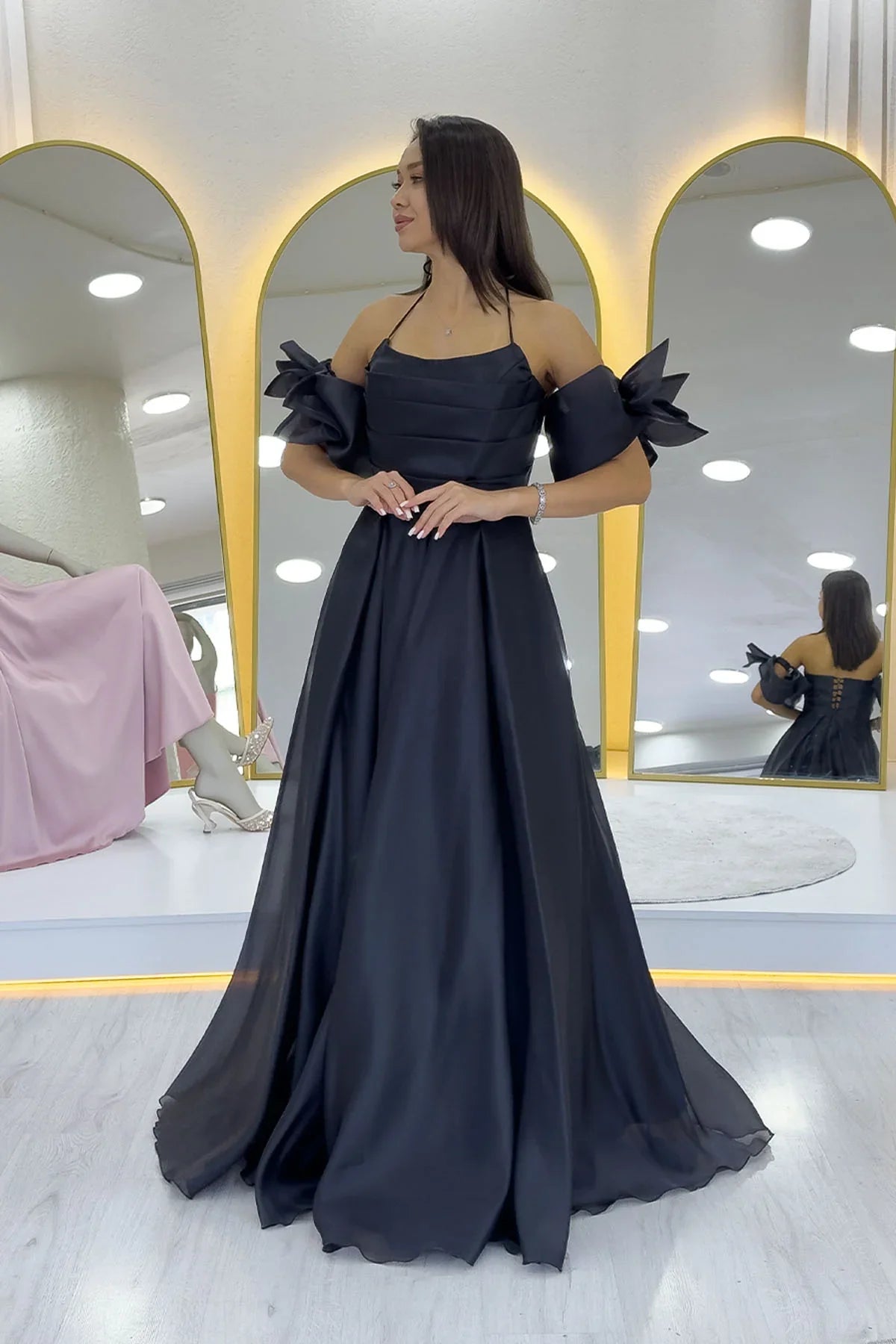 Women's Black Draped Halter Tie Bow Sleeve Detail Organze Evening Gown