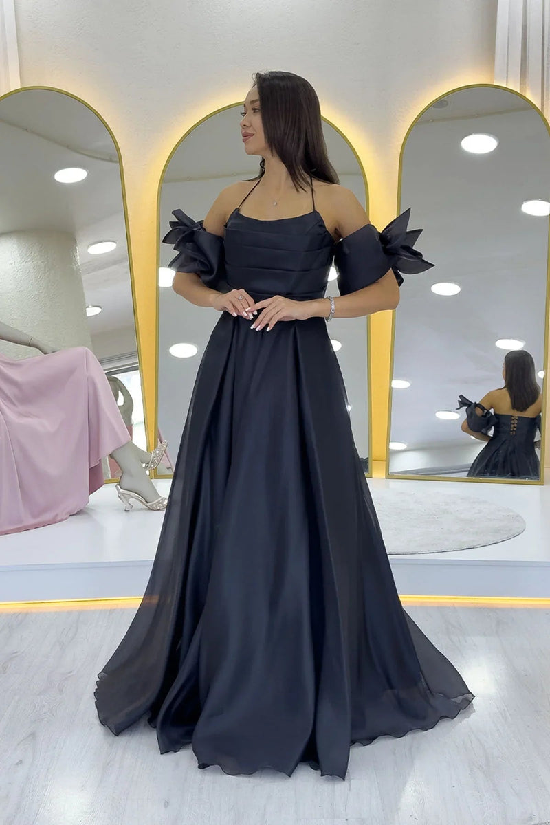 Women's Black Draped Halter Tie Bow Sleeve Detail Organze Evening Gown