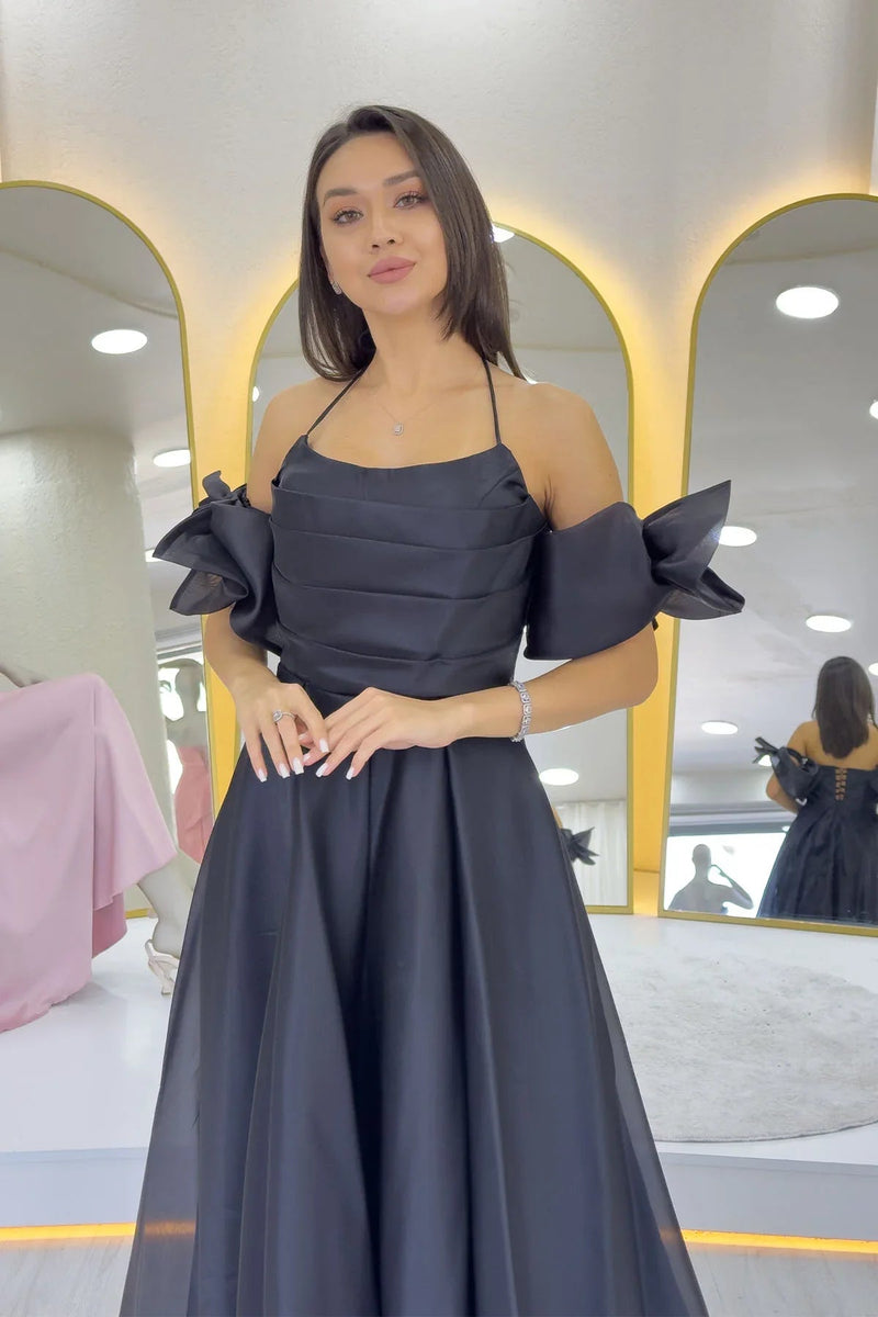 Women's Black Draped Halter Tie Bow Sleeve Detail Organze Evening Gown