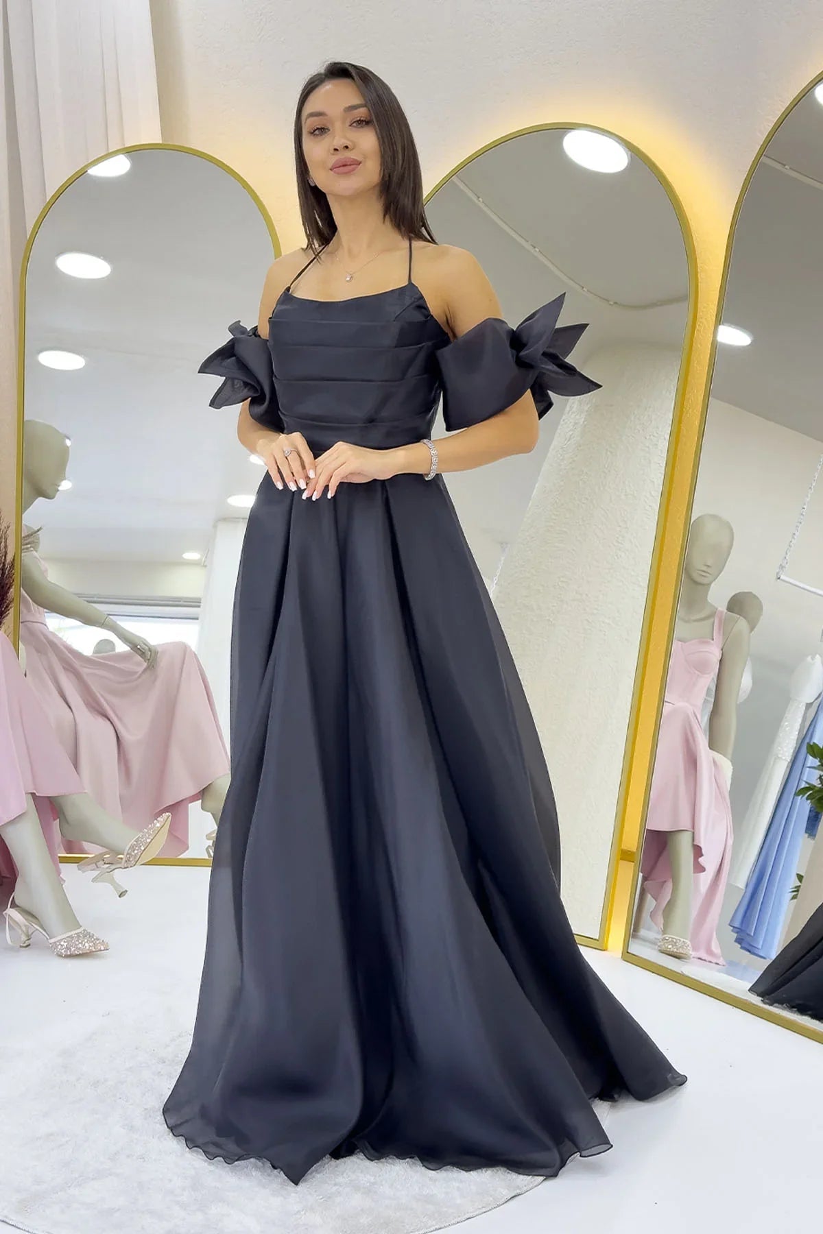 Women's Black Draped Halter Tie Bow Sleeve Detail Organze Evening Gown