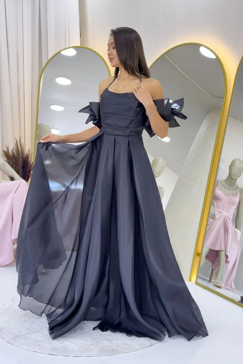 Women's Black Draped Halter Tie Bow Sleeve Detail Organze Evening Gown