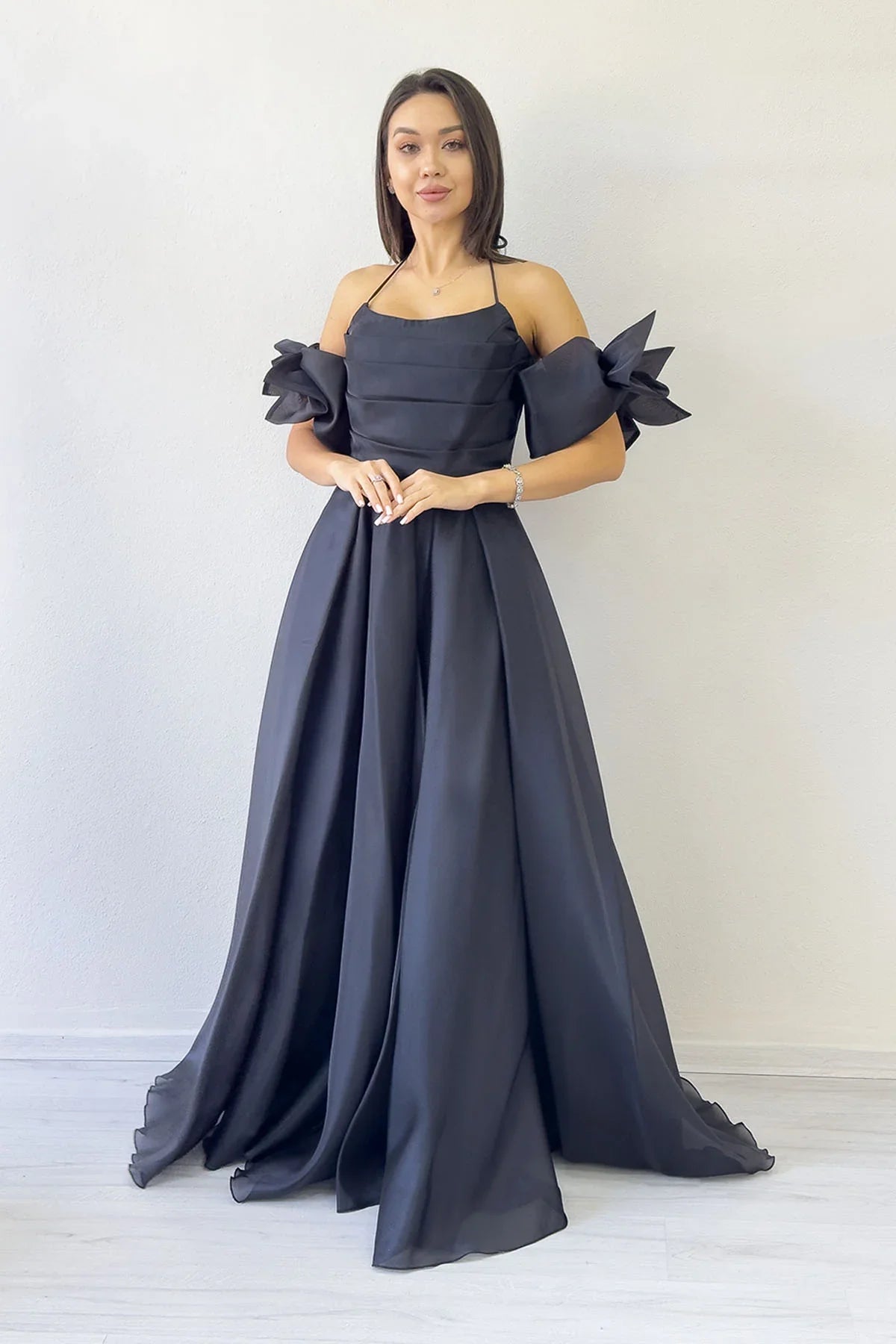 Women's Black Draped Halter Tie Bow Sleeve Detail Organze Evening Gown