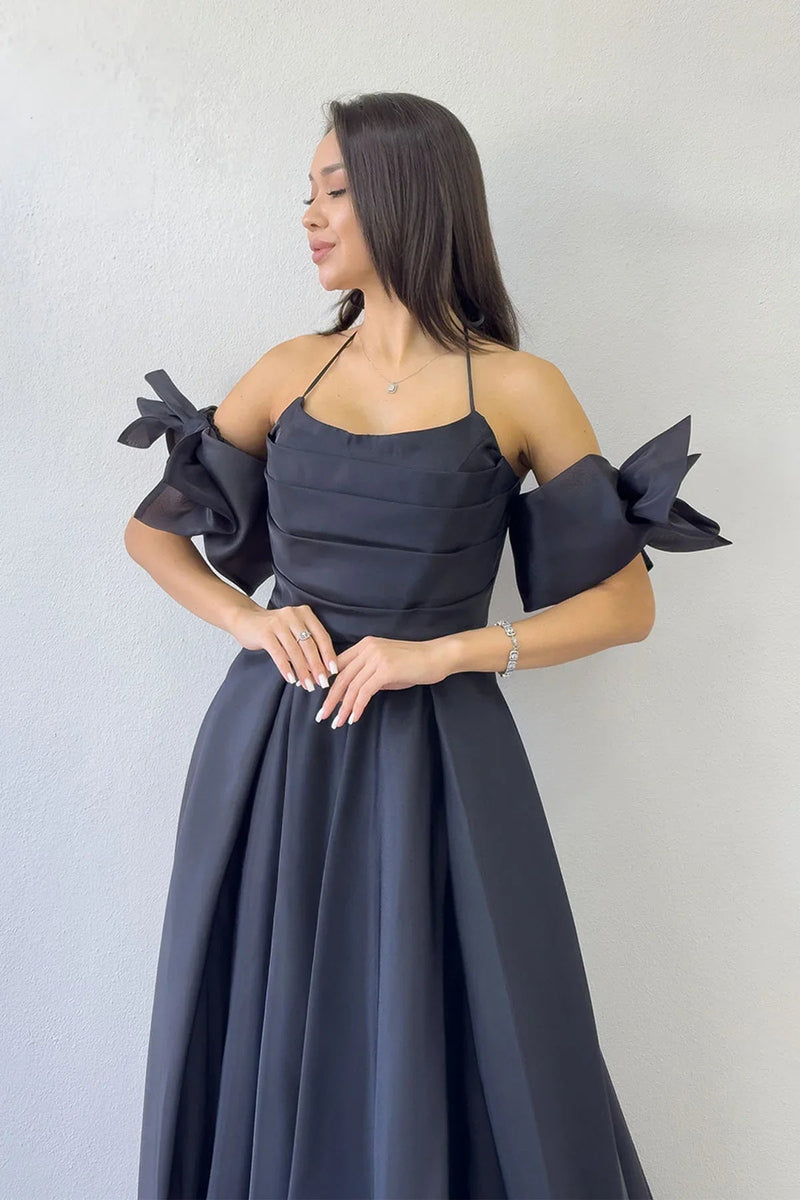 Women's Black Draped Halter Tie Bow Sleeve Detail Organze Evening Gown