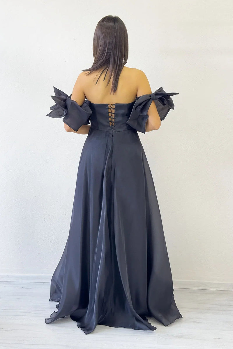 Women's Black Draped Halter Tie Bow Sleeve Detail Organze Evening Gown