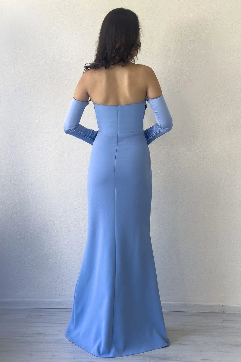 Women's Indigo Strapless Sleeve Aksesuarlı Mermaid Satin Alya Dress