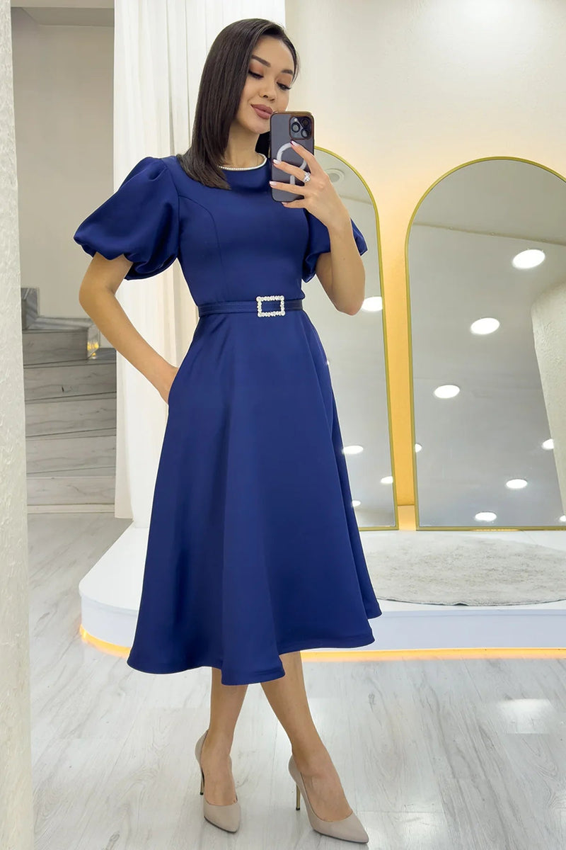Women's Navy Blue Balloon Sleeve Taş Belted Midi Satin Evening Gown