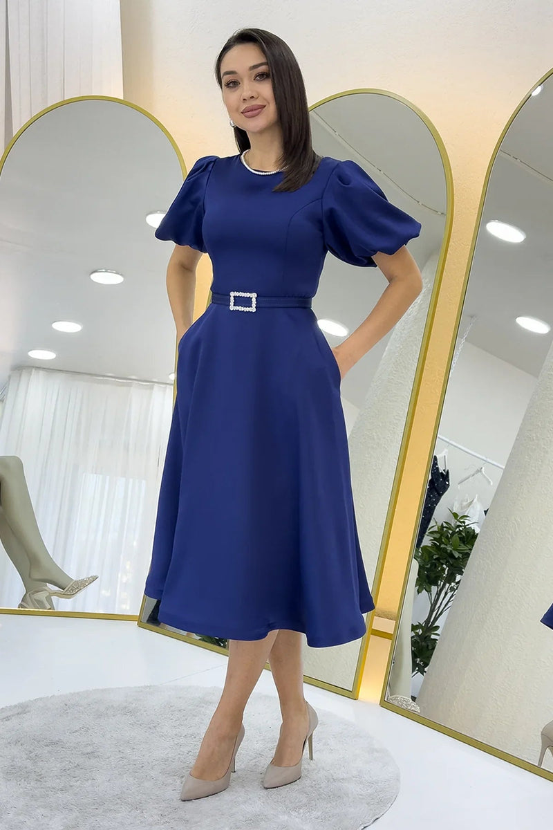 Women's Navy Blue Balloon Sleeve Taş Belted Midi Satin Evening Gown