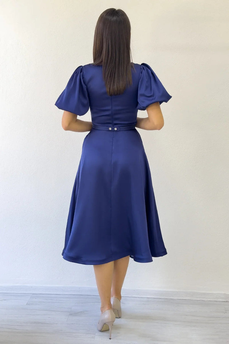 Women's Navy Blue Balloon Sleeve Taş Belted Midi Satin Evening Gown