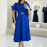 Saxe Blue Midi Short Sleeve Satin Evening Dress