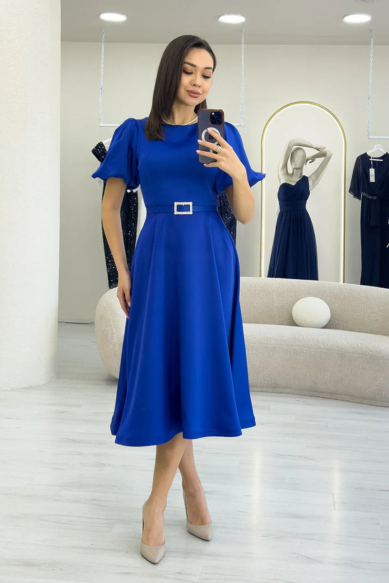 Women's Saxe Balloon Sleeve Taş Belted Midi Satin Evening Gown