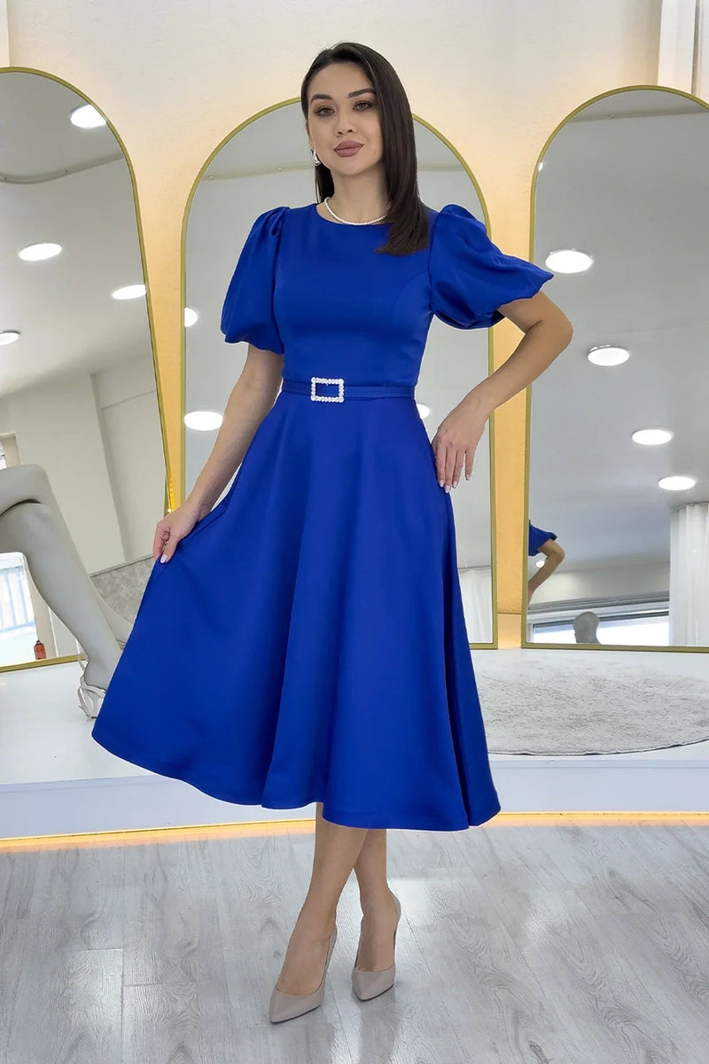 Women's Saxe Balloon Sleeve Taş Belted Midi Satin Evening Gown