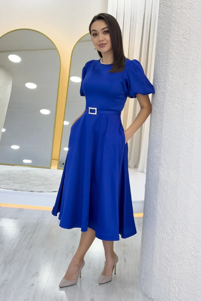 Women's Saxe Balloon Sleeve Taş Belted Midi Satin Evening Gown