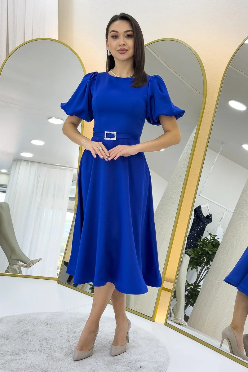 Women's Saxe Balloon Sleeve Taş Belted Midi Satin Evening Gown