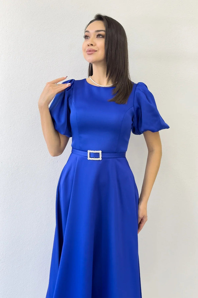 Women's Saxe Balloon Sleeve Taş Belted Midi Satin Evening Gown