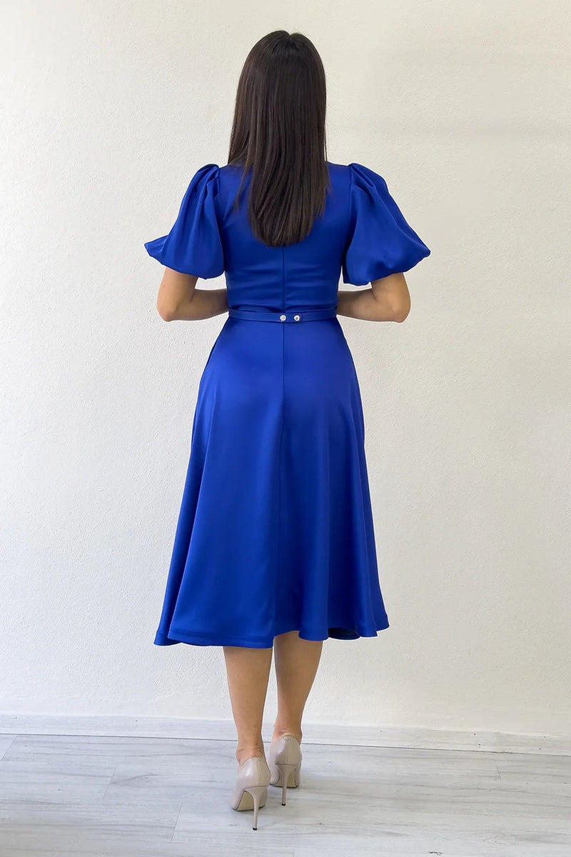 Women's Saxe Balloon Sleeve Taş Belted Midi Satin Evening Gown