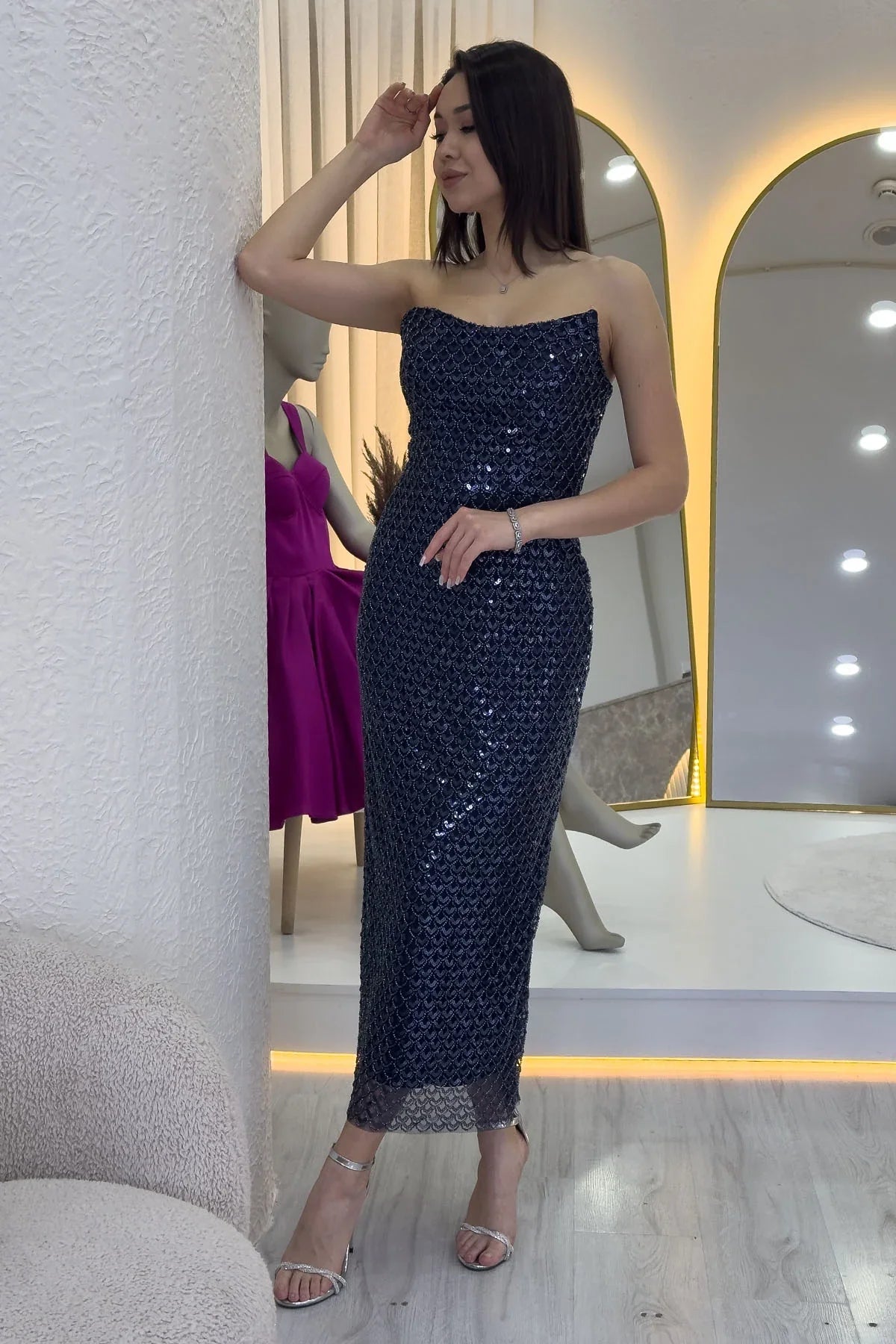 Women's Navy Blue Strapless Beaded Midi Evening Gown