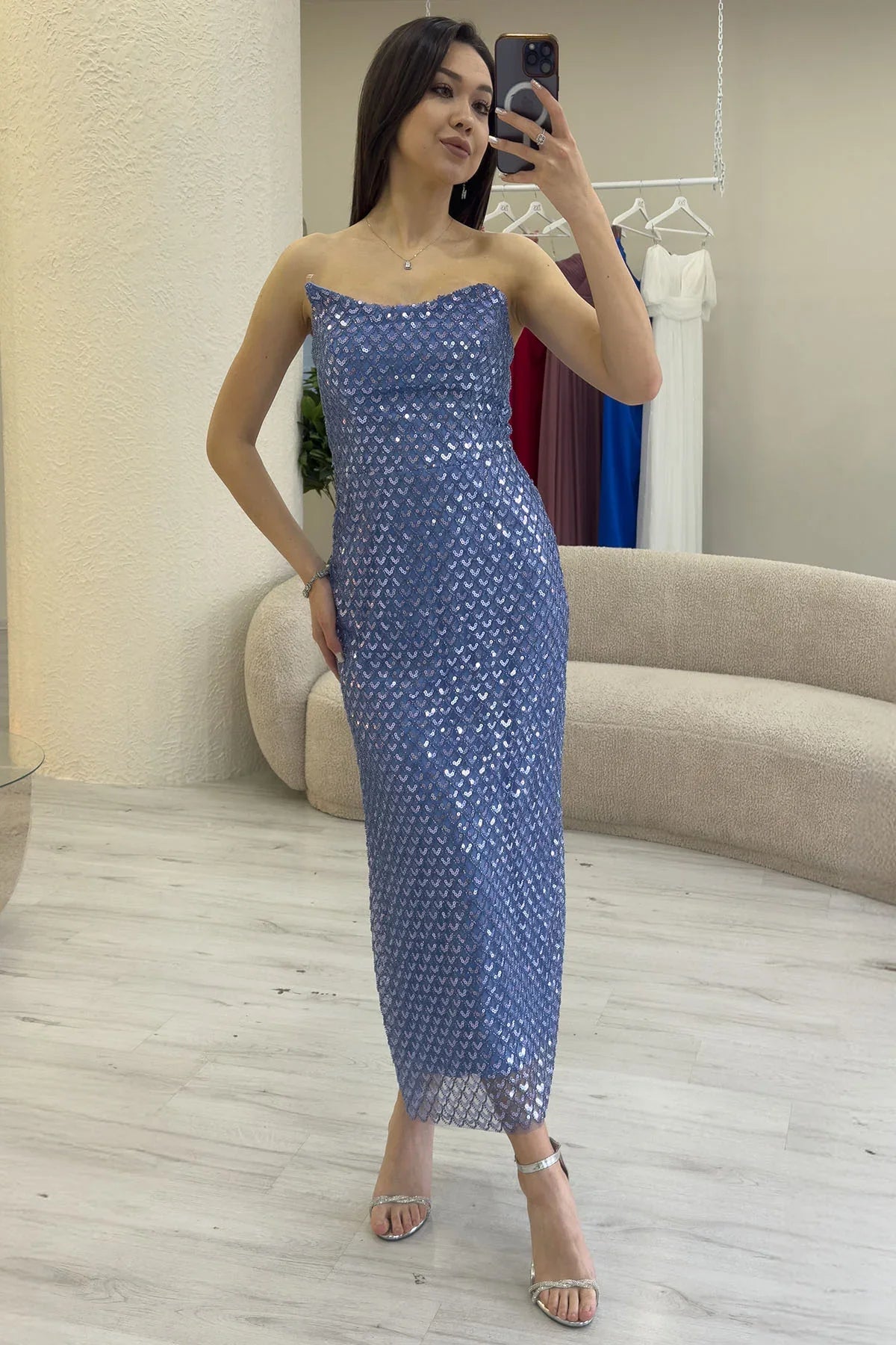 Women's Indigo Strapless Beaded Midi Evening Gown