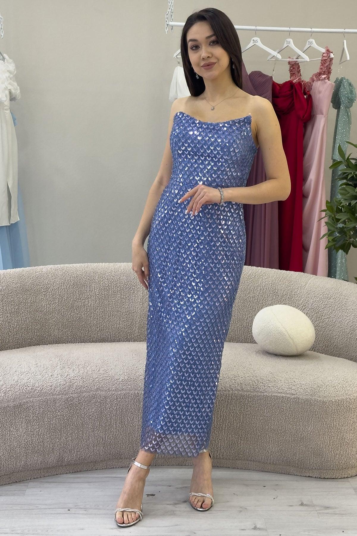 Women's Indigo Strapless Beaded Midi Evening Gown