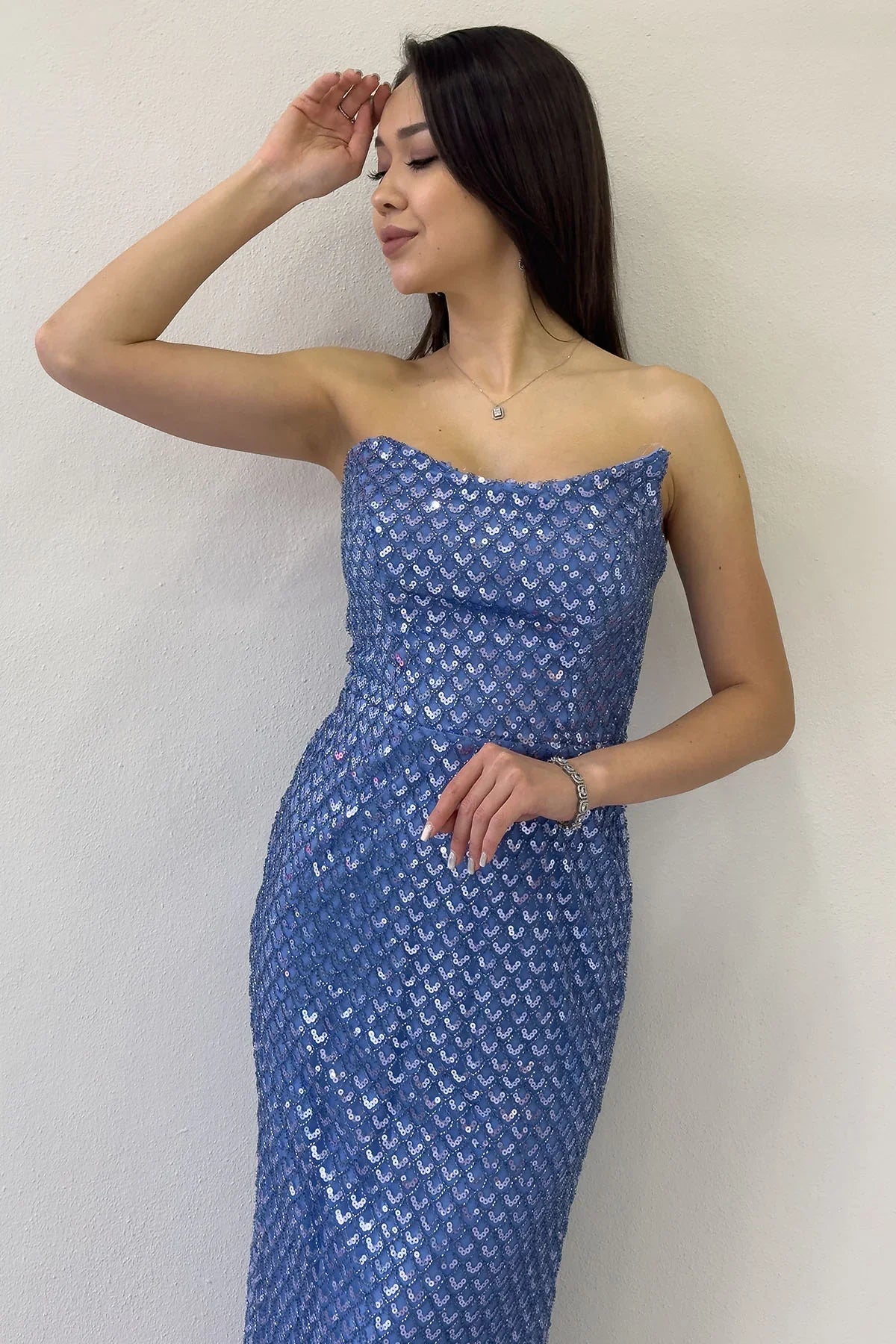 Women's Indigo Strapless Beaded Midi Evening Gown