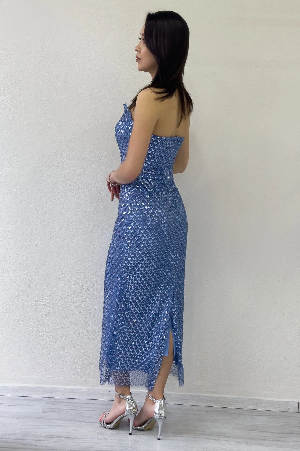 Women's Indigo Strapless Beaded Midi Evening Gown