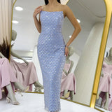 Baby Blue Strapless Midi Length Sequin Evening Dress
