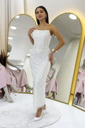 White Strapless Midi Length Sequin Evening Dress