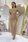 Gold Strapless Midi Length Sequin Evening Dress
