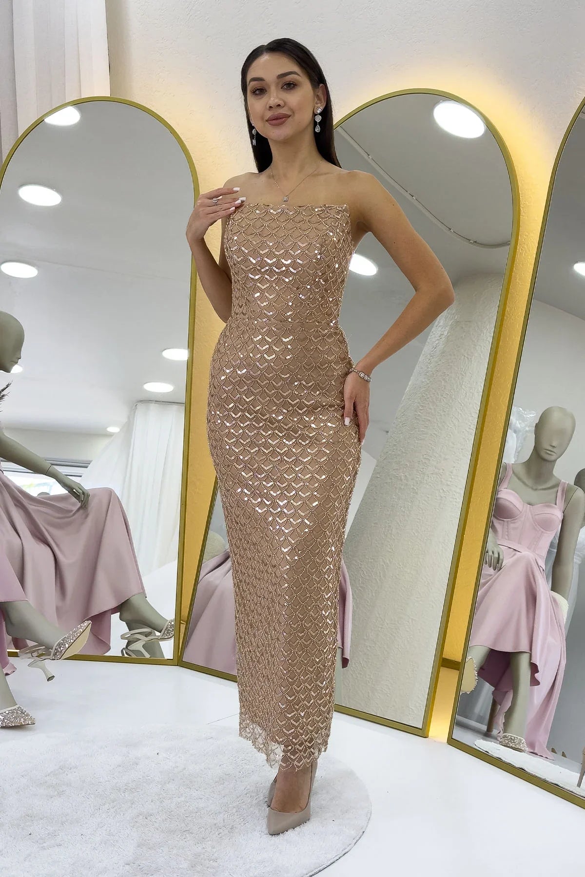 Women's Gold Strapless Beaded Midi Evening Gown