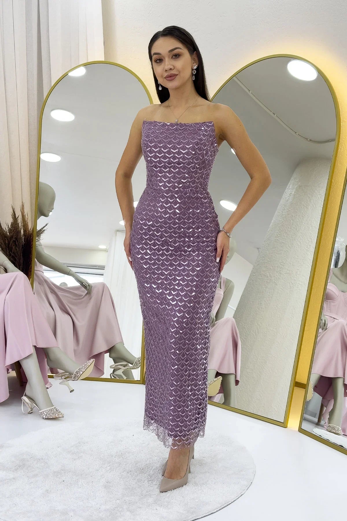Women's Lilac Strapless Beaded Midi Evening Gown