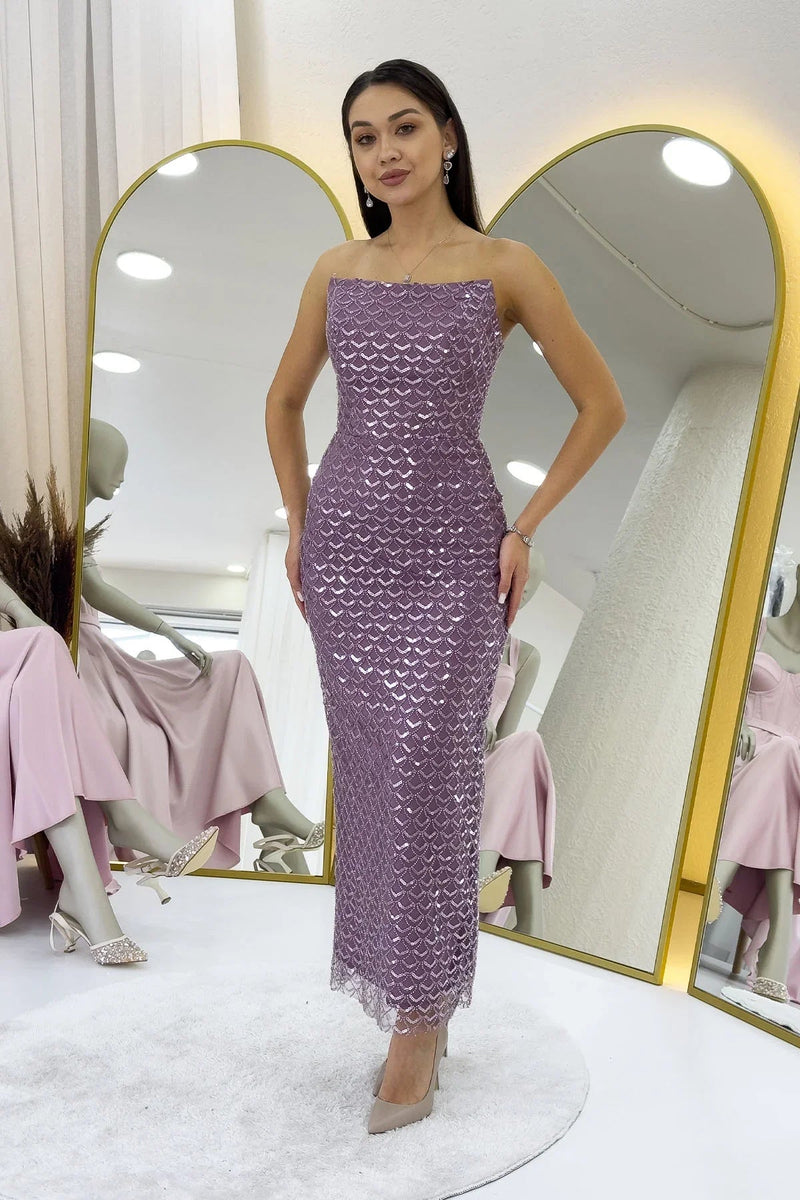 Women's Lilac Strapless Beaded Midi Evening Gown