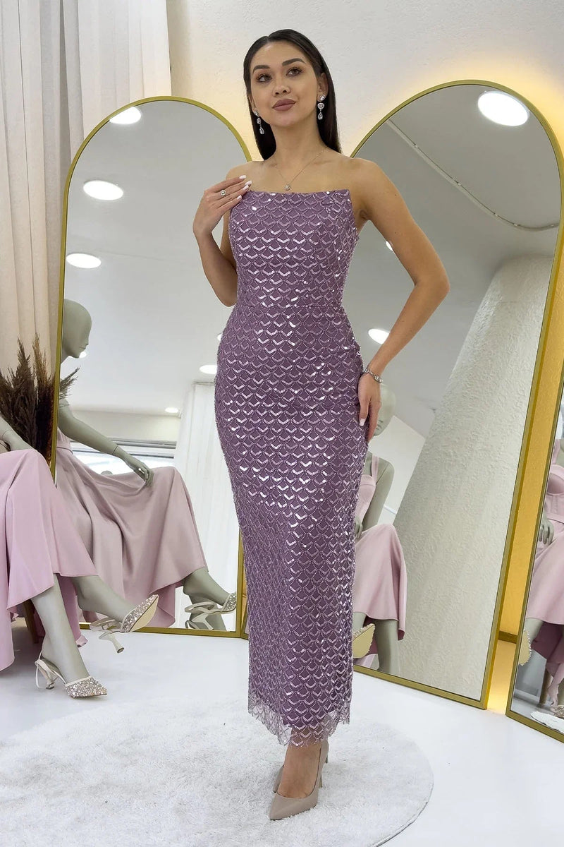 Women's Lilac Strapless Beaded Midi Evening Gown