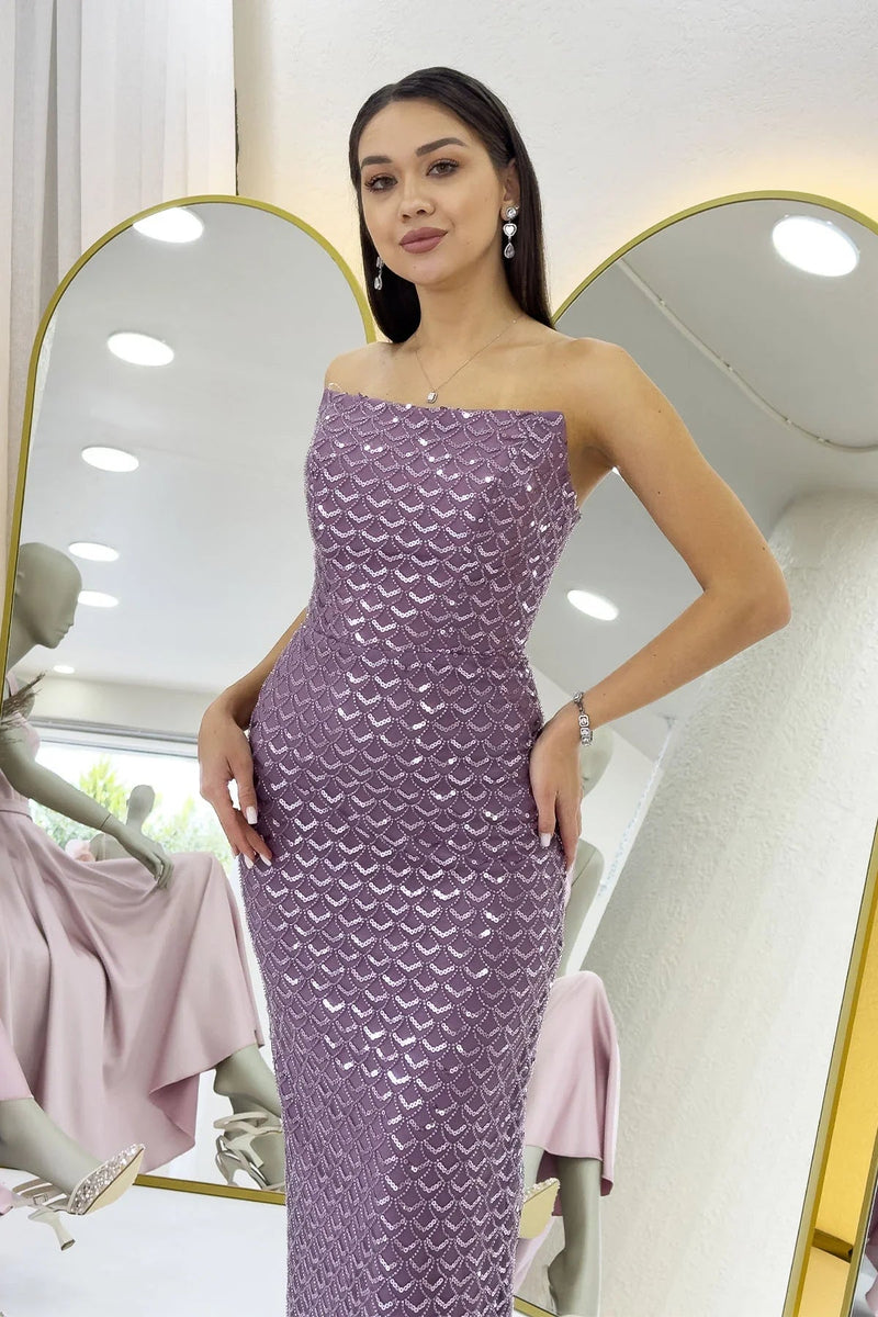 Women's Lilac Strapless Beaded Midi Evening Gown