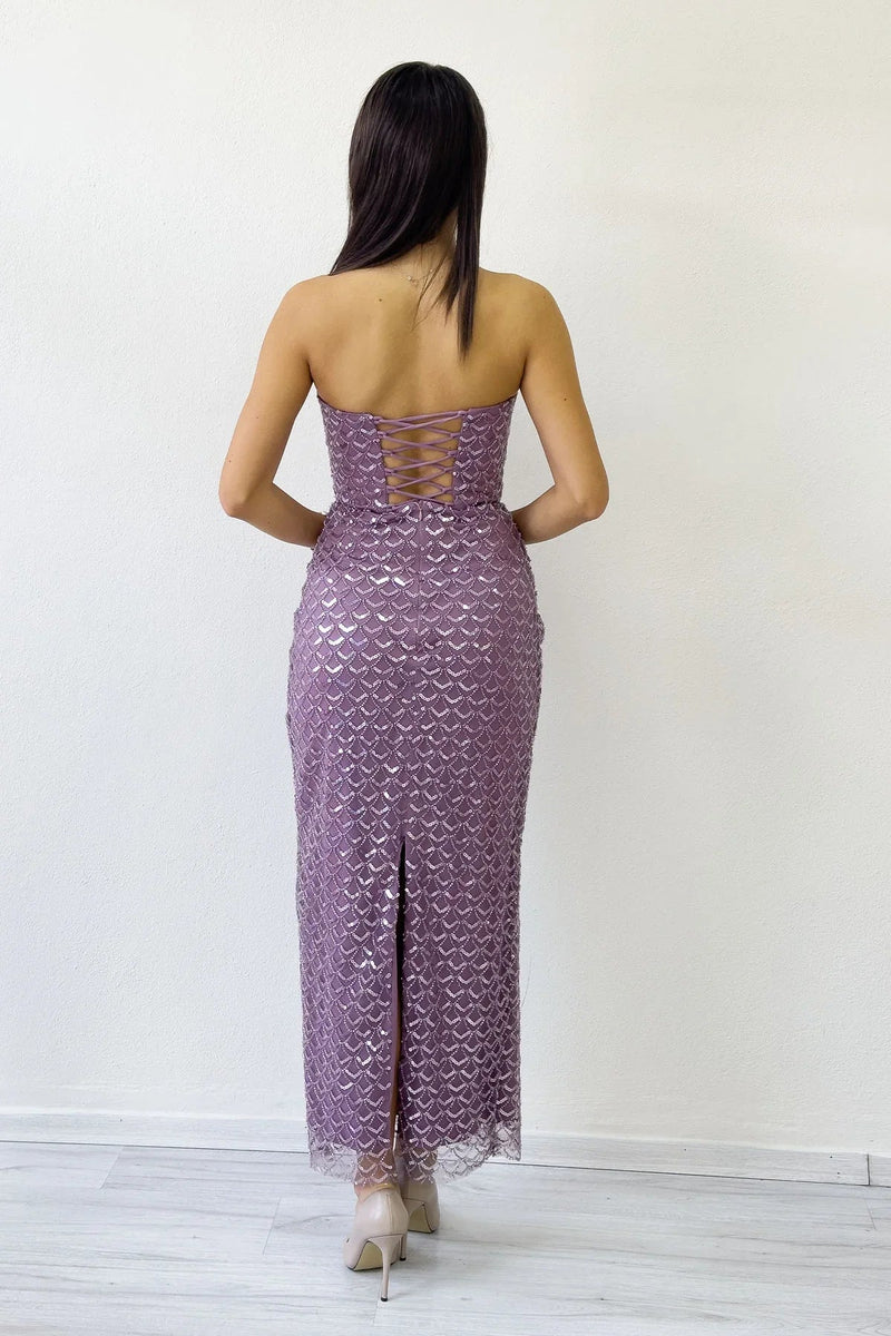 Women's Lilac Strapless Beaded Midi Evening Gown
