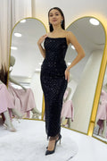 Black Strapless Midi Length Sequin Evening Dress