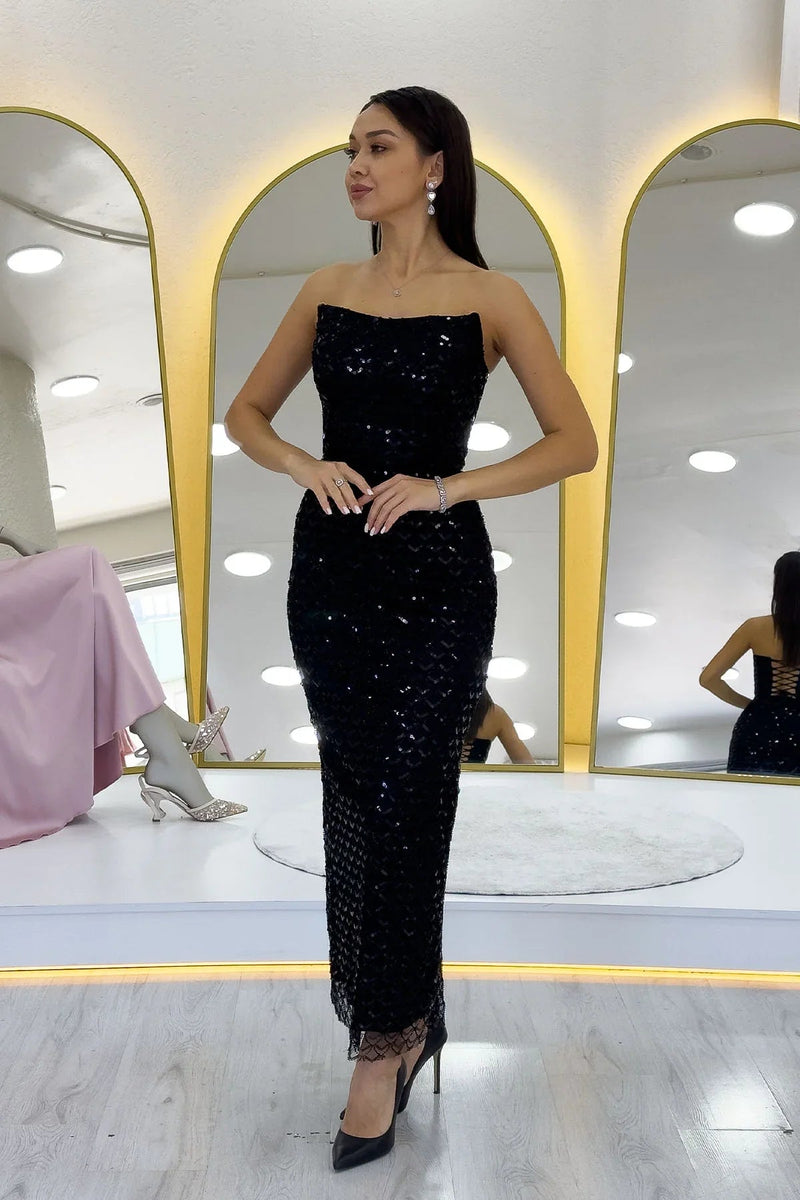 Women's Black Strapless Beaded Midi Evening Gown