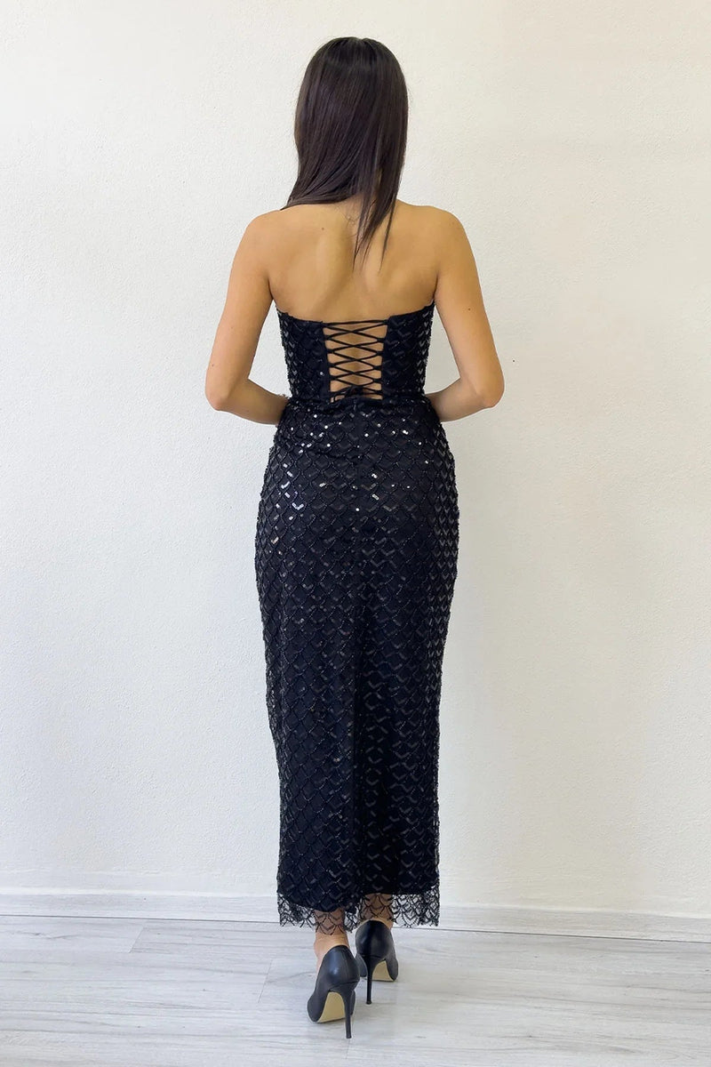 Women's Black Strapless Beaded Midi Evening Gown