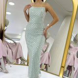 Aqua Green Strapless Midi Length Sequin Evening Dress